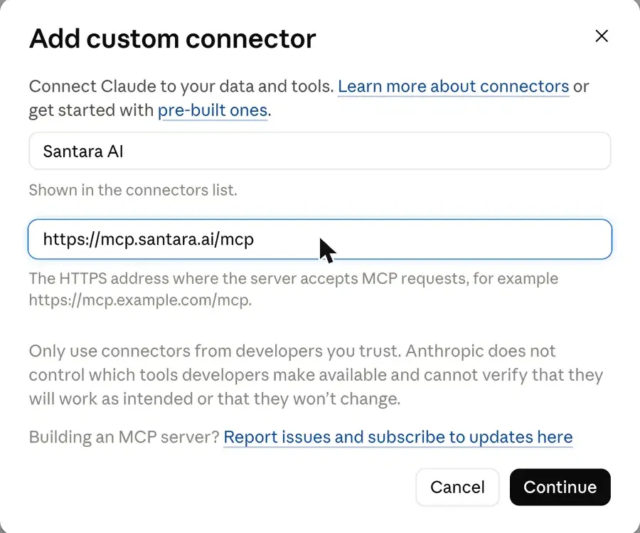 Biểu mẫu “Add custom connector” của Claude đã điền địa chỉ Santara AI